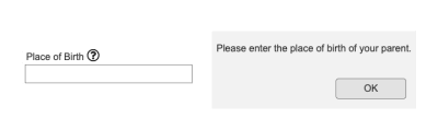 表单中的字段要求用户进入出生地。 并悬停文字说：'请输入您父母的出生地。'